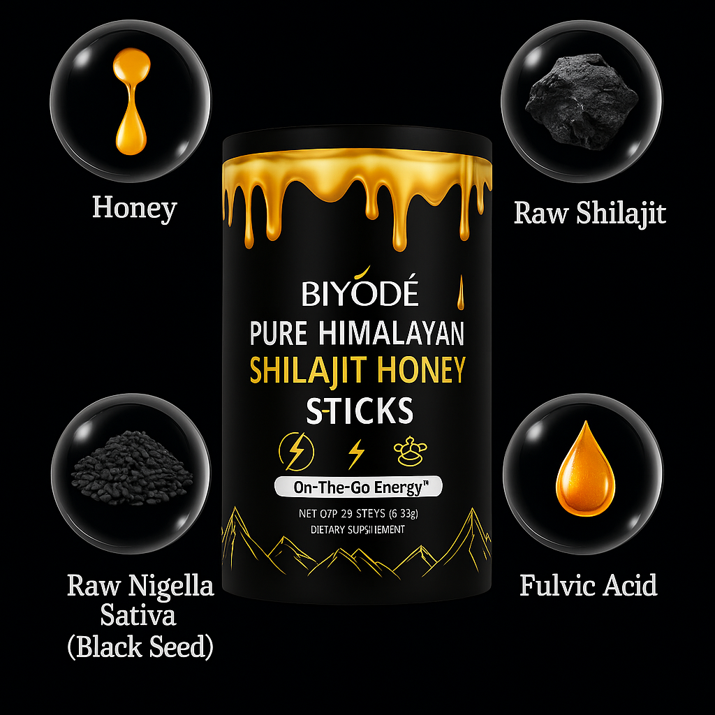 Image produit BIKINOI Pure Himalayan Shilajit Honey Sticks entourée des ingrédients clés : miel biologique, shilajit brut, nigelle noire (black seed) et acide fulvique.
