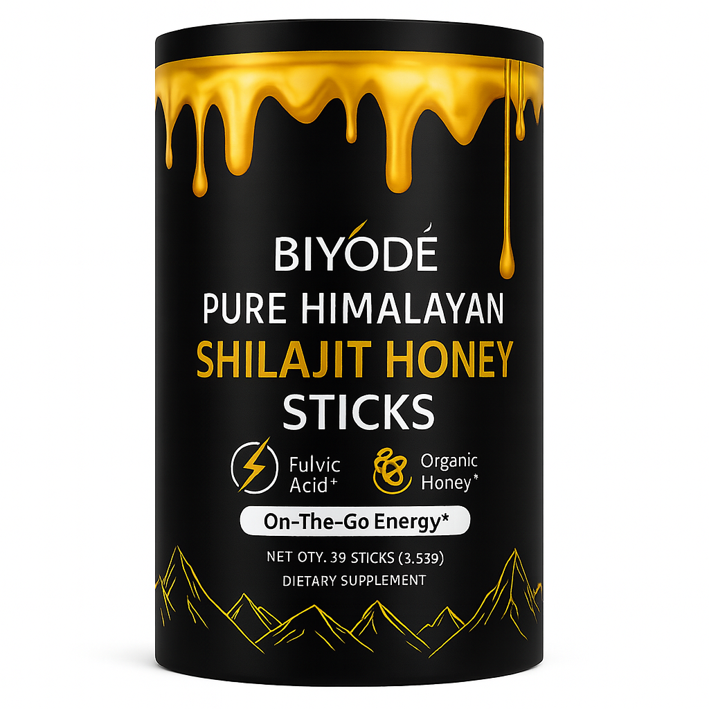 Boîte cylindrique noire Himalayan Shilajit Honey Sticks avec miel biologique et acide fulvique, complément naturel pour énergie et vitalité.