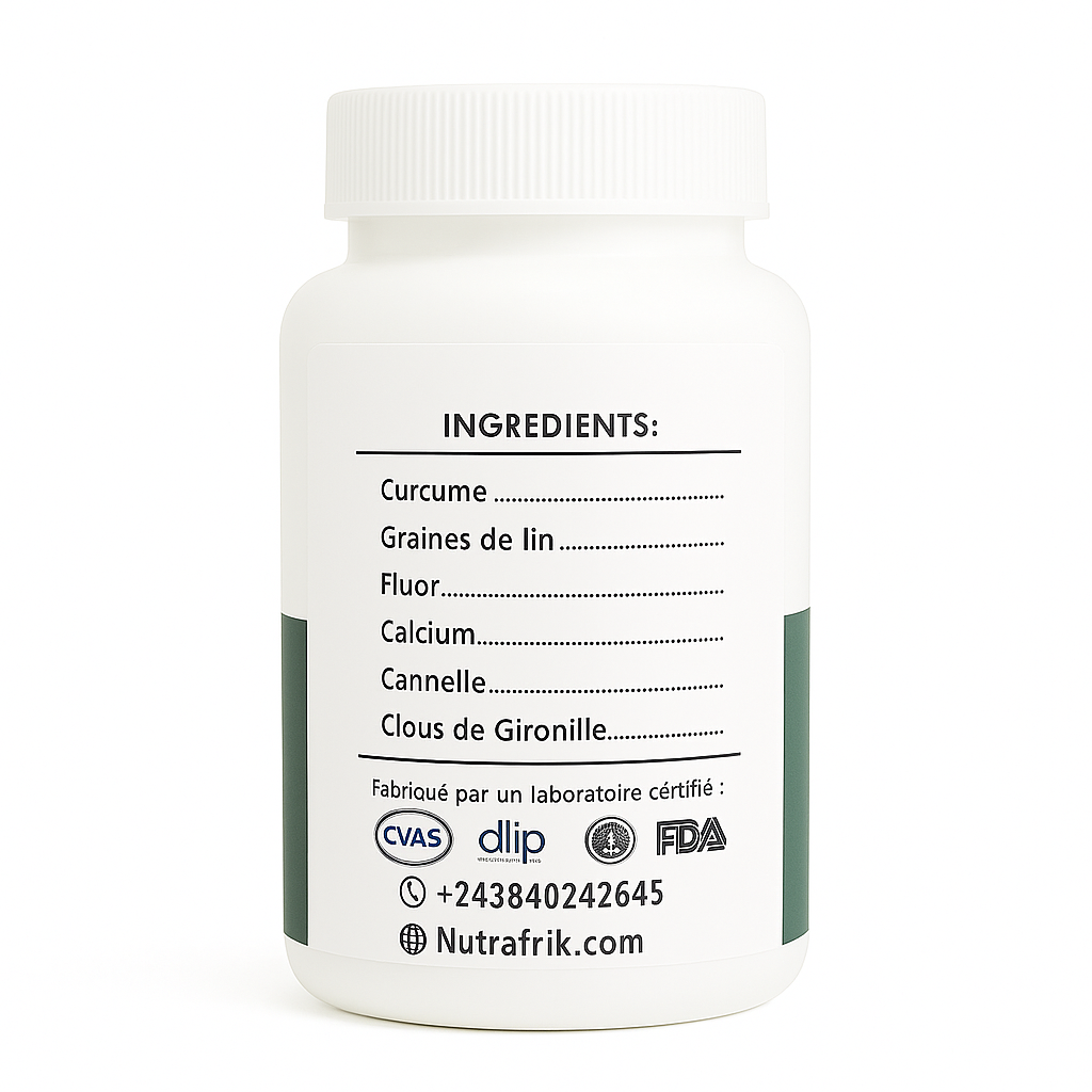 Flacon Nutrafrik ArthroCalm montrant la liste des ingrédients : curcuma, graines de lin, fluor, calcium, cannelle et clous de girofle.