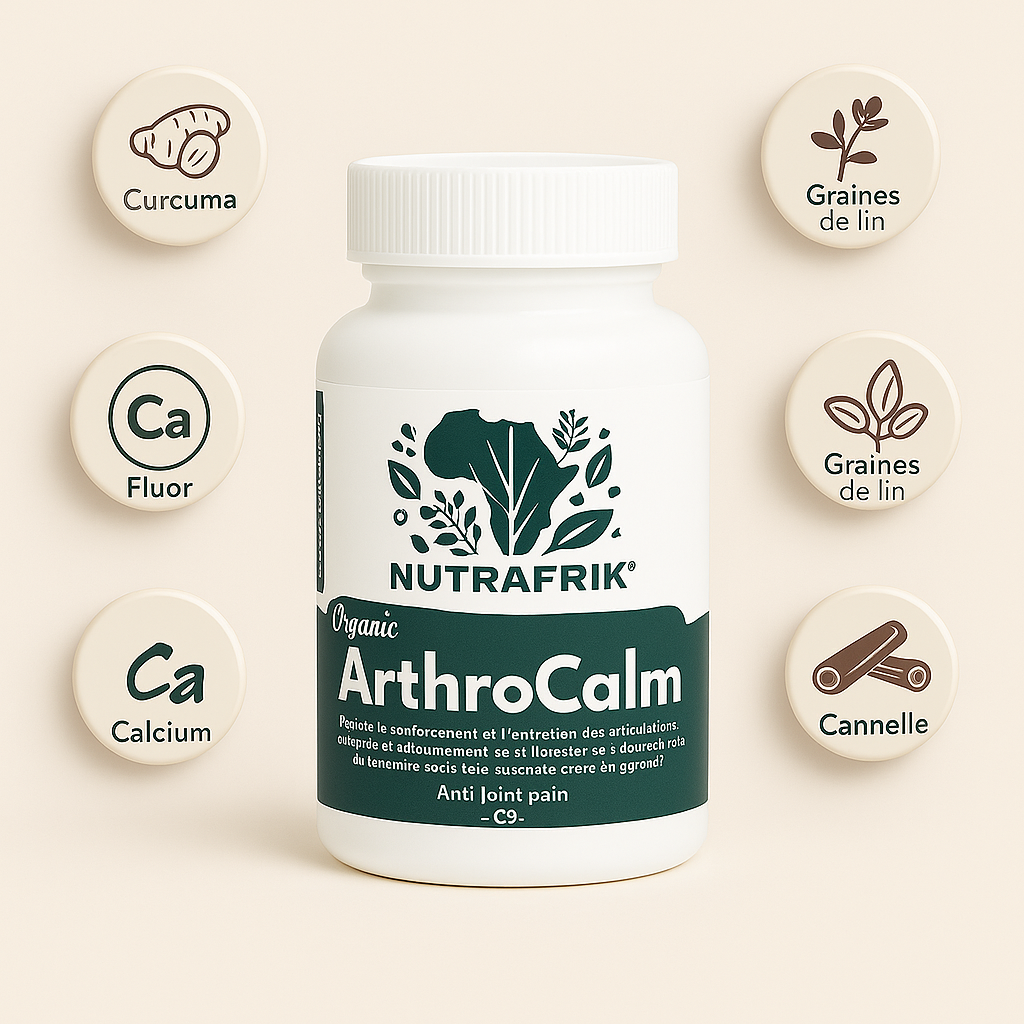 Complément alimentaire Nutrafrik ArthroCalm avec ses ingrédients actifs : curcuma, graines de lin, calcium, cannelle et clous de girofle, présenté autour du flacon.