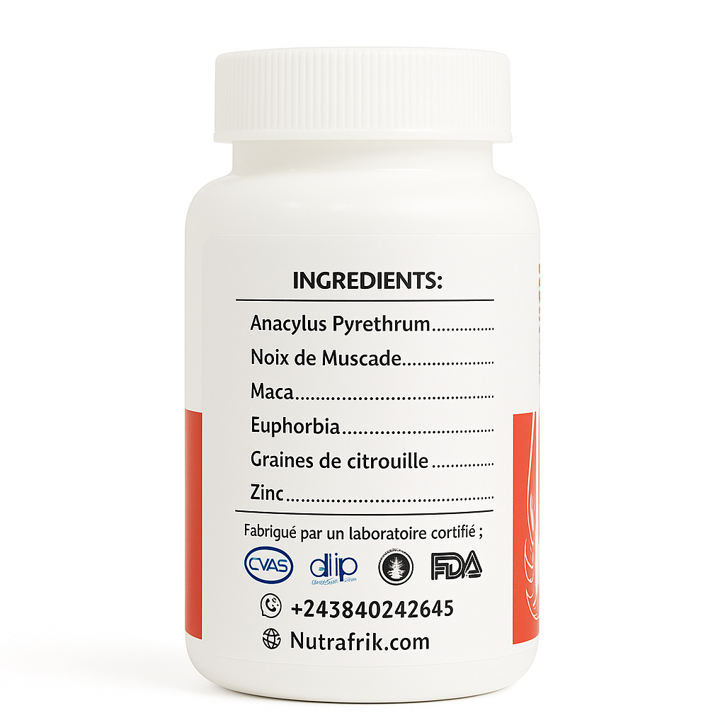 Vue arrière du flacon Nutrafrik ViraMax affichant la liste des ingrédients : Anacyclus Pyrethrum, Noix de Muscade, Maca, Euphorbia, Graines de Citrouille et Zinc.