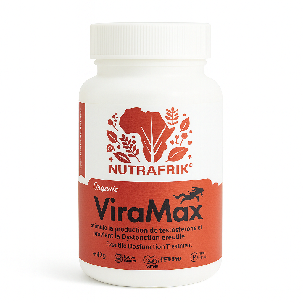 Vue avant du flacon Nutrafrik ViraMax, complément naturel stimulant la production de testostérone et soutenant le traitement de la dysfonction érectile.