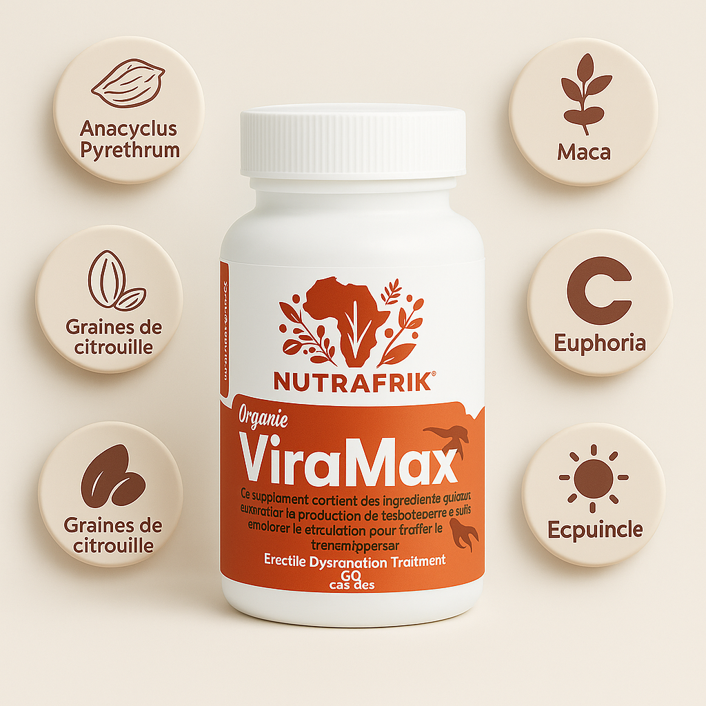 Flacon Nutrafrik ViraMax entouré de ses ingrédients clés : Anacyclus Pyrethrum, Noix de Muscade, Maca, Euphoria et Graines de Citrouille.