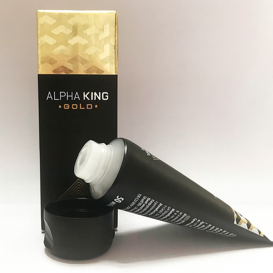 Tube de gel Alpha King Gold ouvert avec sa boîte noire et dorée.