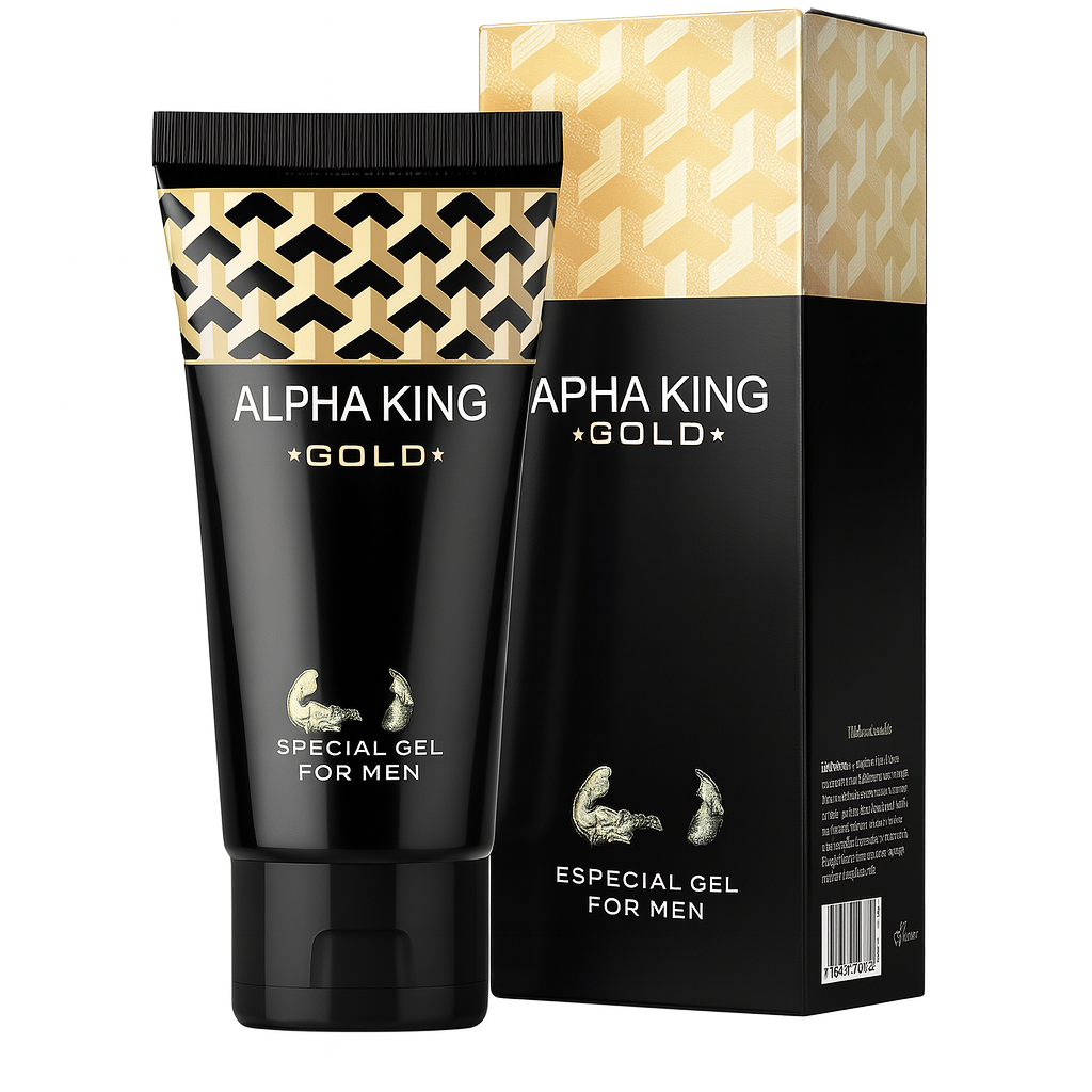 Tube et boîte du gel Alpha King Gold, un gel spécial pour hommes, présenté en pack noir et doré.