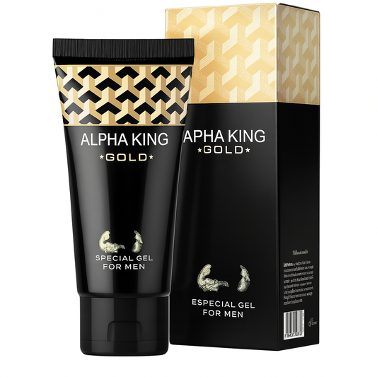 Tube et boîte du gel Alpha King Gold, un gel spécial pour hommes, présenté en pack noir et doré.