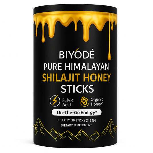 Boîte cylindrique noire Himalayan Shilajit Honey Sticks avec miel biologique et acide fulvique, complément naturel pour énergie et vitalité.