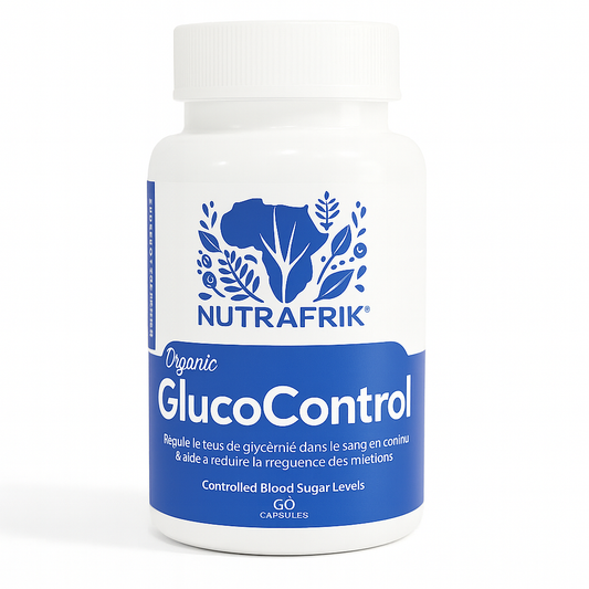 Bouteille de compléments alimentaires GlucoControl de Nutrafrik, formule naturelle pour stabiliser la glycémie et réduire la fatigue.