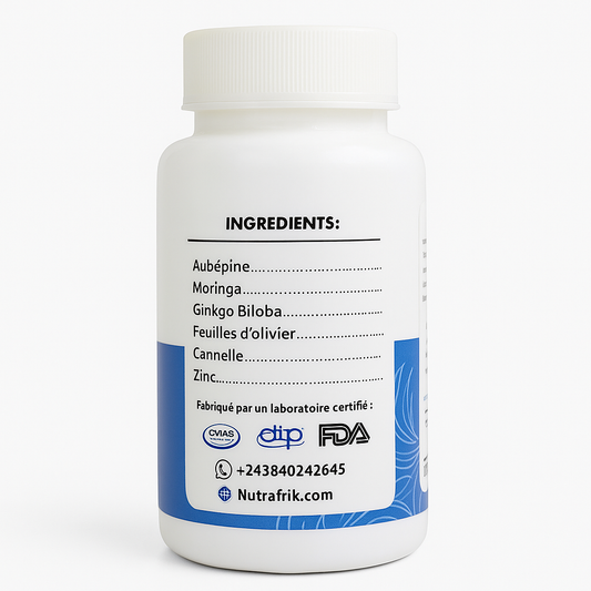 Vue arrière de la bouteille GlucoControl Nutrafrik affichant les ingrédients naturels tels que moringa, ginkgo biloba, aubépine, cannelle, feuilles d’olivier et zinc.