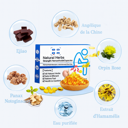 Ingrédients naturels des Hemo Capsules : Ejiao, Panax Notoginseng, Angélique de la Chine, Orpin Rose, Extrait d’Hamamélis et Eau purifiée – solution naturelle contre les hémorroïdes.