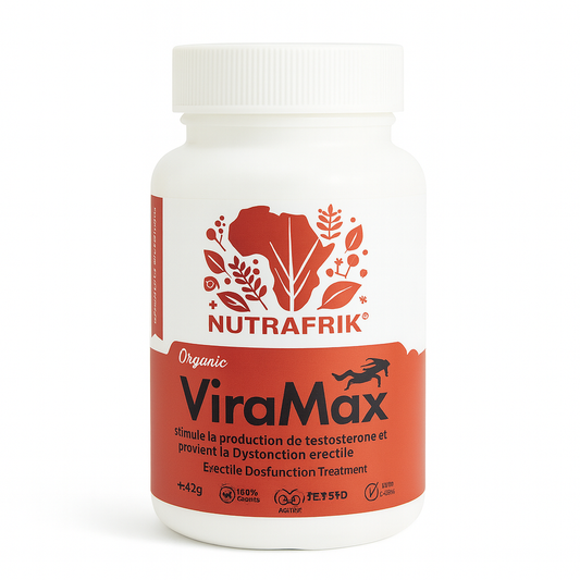 Vue avant du flacon Nutrafrik ViraMax, complément naturel stimulant la production de testostérone et soutenant le traitement de la dysfonction érectile.