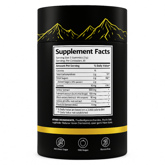 Supplement facts label of BIYODÉ Pure Himalayan Shilajit Gold Gummies showing nutritional information and ingredients on a black cylindrical container with a white background.